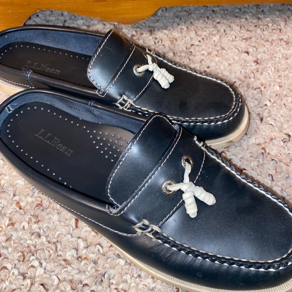 L.L. Bean Black Mules with White Accents